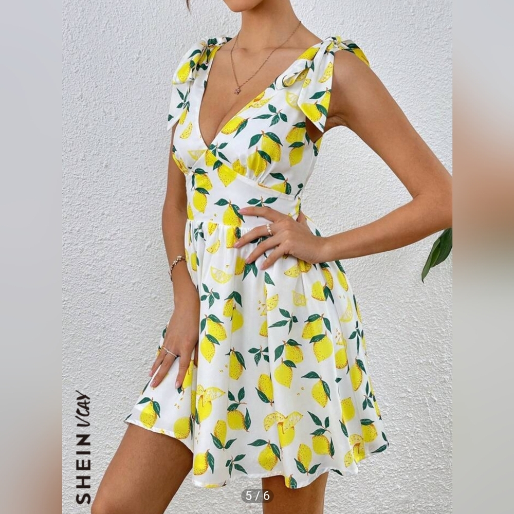 🍋Lemon Print SHEIN VCAY Tie Shoulder Dress - Picture 5 of 10